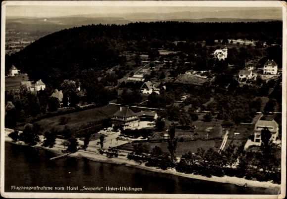 Postcard Unteruhldingen Uhldingen Mühlhofen am Bodensee, Hotel Seeperle, aerial photograph