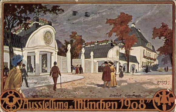 Kunstenaar litho Moos, C., München, tentoonstelling 1908, entreegebouwen, hoofdingang