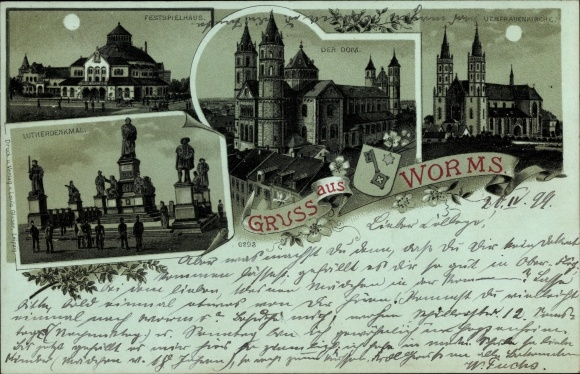 Moonlight Chromo-Litho Worms in Rhineland-Palatinate, Festival Hall, Luther Monument, Cathedral, Church of Our Lady
