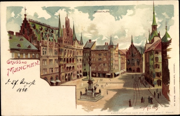 Artist Chromo-Litho Münch, Munich, Marienplatz, City Hall