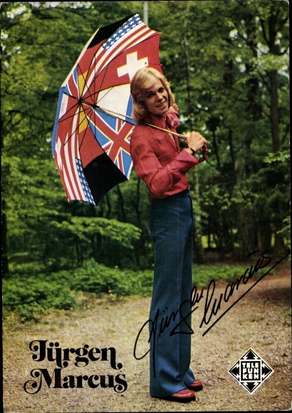 Postcard singer Jürgen Marcus, portrait with umbrella, flag imprint, Telefunken, autograph