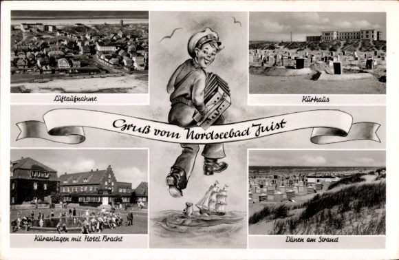 Postcard North Sea resort Juist in East Frisia, aerial photograph, spa house, spa facilities, Hotel Bracht, dunes