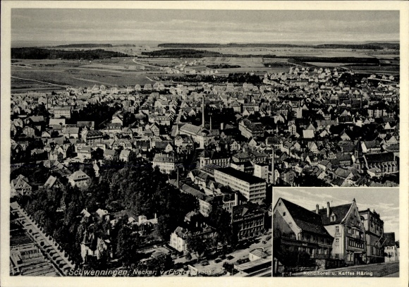 Ak Schwenningen am Neckar, luchtfoto, concertcafé Häring