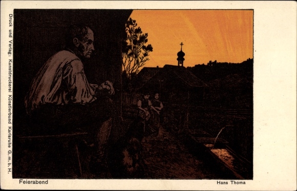 Artist Postcard Thoma, Hans, closing time, man in front of his house, sunset, dog