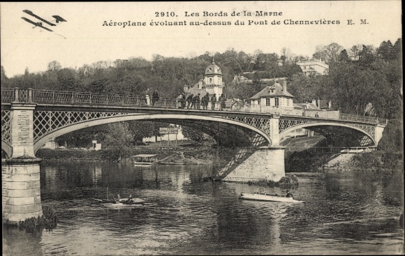 Ak Chennevières Val de Marne, Les Bords de la Marne, Aeroplane, Pont