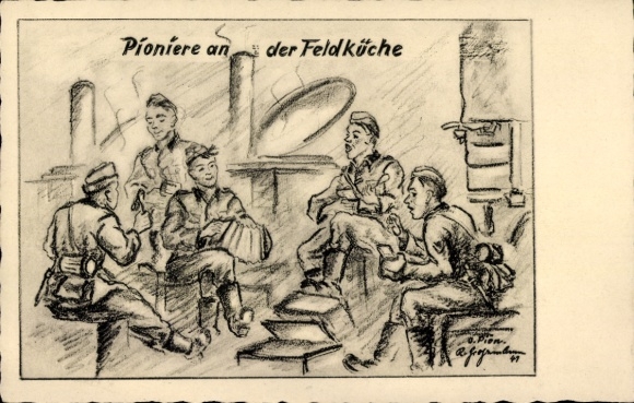 Artist Postcard Pioneers at the field kitchen, Wehrmacht