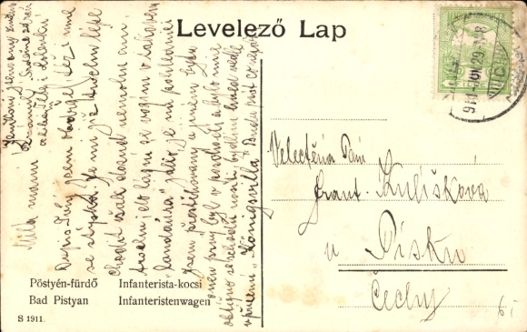 Postcard Piešťany Pistyan Pistian Pöstyen Slovakia, spa hotel, infantry wagon