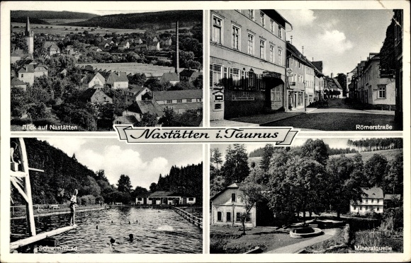 Postcard Nastätten in the Rhein Lahn district, Roman road, swimming pool, mineral spring