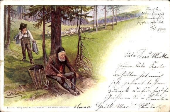 Artist Postcard Döcker, E., Shepherd boy, flock of sheep, old man with basket, Rosegger