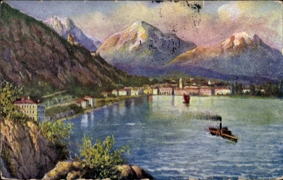 KP artystyczna Lago di Garda Lombardia, parowiec na jeziorze Garda, miasto