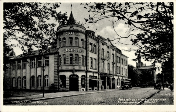 Postcard Bitterfeld in Saxony-Anhalt, Hotel Döring, architecture, street view, text on