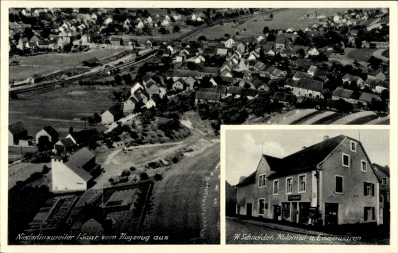 Postcard Niederlinxweiler St. Wendel in Saarland, aerial photograph, commercial building H. Schneider