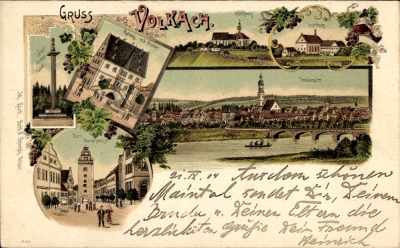 Chromo-Litho Volkach am Main Lower Franconia, town views, monument, church