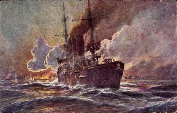 Artist Postcard Stöwer, Willy, SMS Emden bombards Madras, cruiser, Imperial Navy, I. WK