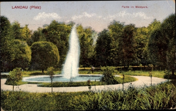 Postcard Landau in der Pfalz, fountain, park landscape, trees, path, Landau (Palatinate)
