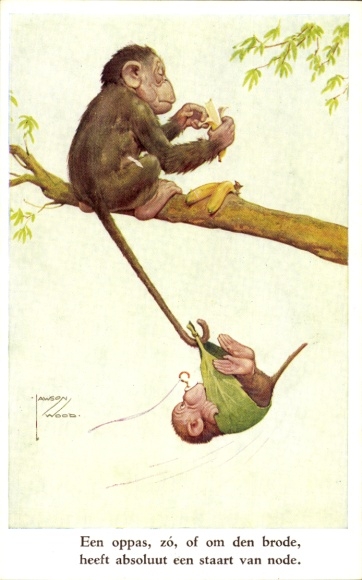 Artist Postcard Wood, Lawson, Monkey peeling bananas, young animal with pacifier