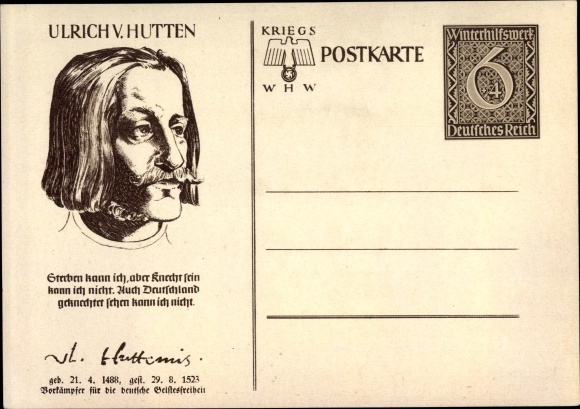 Postal stationery PC Ulrich von Hutten, poet, portrait, WHW
