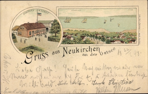 Chromo-Litho Baltic resort Neukirchen in Holstein, Schütts Gasthof, Panorama