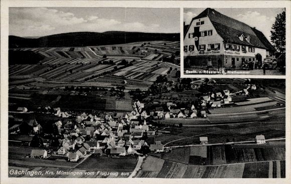 Ak Münsingen in Württemberg, Luftaufnahme von Gächingen, Nisthammar, Felder, Dörfer