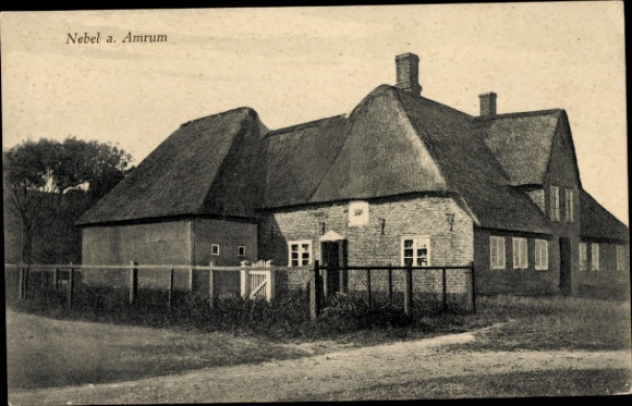 Picture PC Nebel on the island of Amrum, North Frisia, house with thatched roof, fence, town sign Nebel a. Amrum