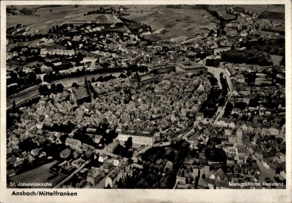Postcard Ansbach in Middle Franconia Bavaria, aerial view of the city St. Johanniskirche, Margravial Res