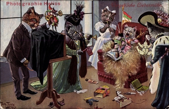 Artist Postcard Thiele, Arthur, humanized cats, love&#39;s labor in vain, photographer