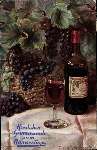 Kunstenaar ansichtkaart Hildebrandt, Fritz, gefeliciteerd naamdag, druiven, wijnfles