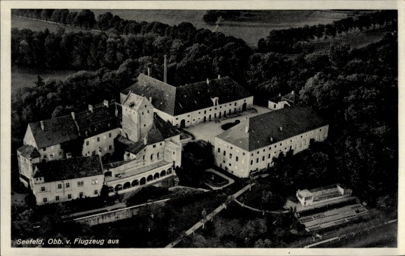 Postcard Seefeld in Upper Bavaria, aerial photograph, castle