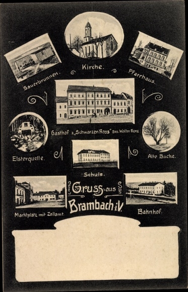 Postcard Bad Brambach im Vogtland, beech, vicarage, train station, marketplace, customs office, acidulous well