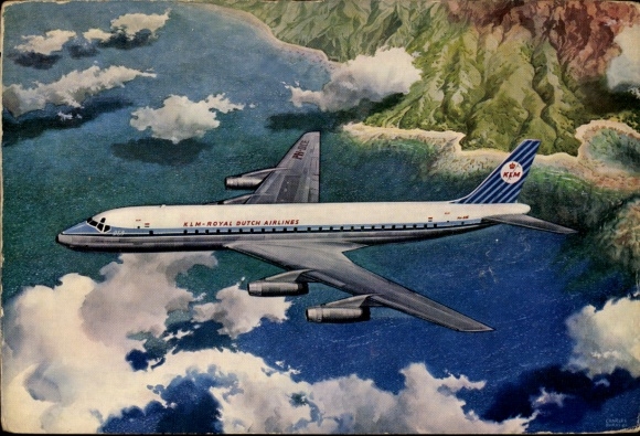 Postcard Dutch passenger aircraft Douglas DC-8 Intercontinental Jet, KLM