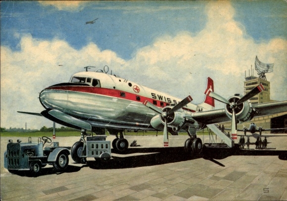 Postcard passenger aircraft at the airport, Swissair, service car