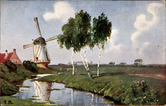 Artist Postcard Windmills, Birches, River, Meadow