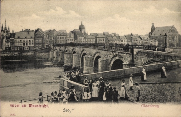 Postcard Maastricht Limburg Netherlands, bridge over the river, building, crowd, black-and-white