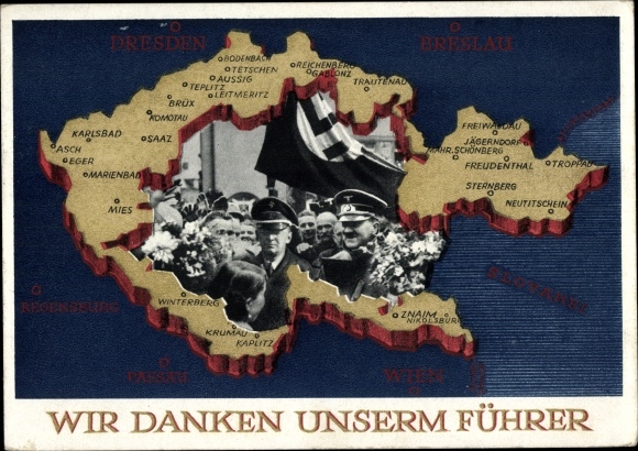 Postal stationery Postcard We thank our leader, Sudetenland, Bohemia, Moravia, Hitler
