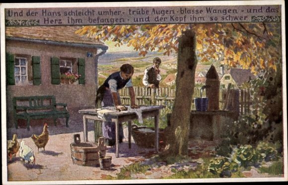 Song artist PC Hey, Paul, folk song card no. 58, And Hans sneaks around, chickens