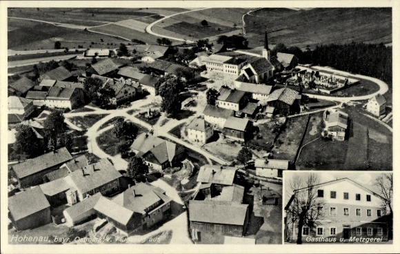 Postcard Hohenau Lower Bavaria, aerial photograph, inn and butcher shop by Ludw. Piser