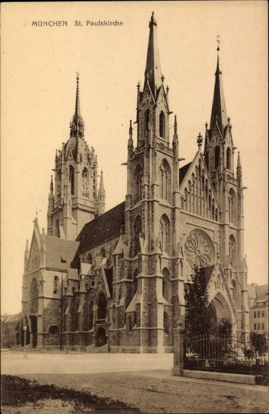 Postcard Munich, St. Paulskirche, street view