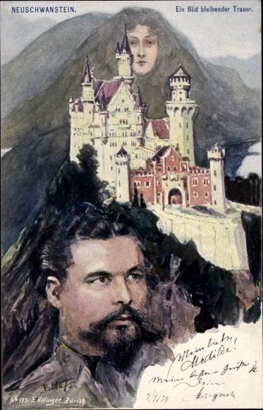 Kunstenaarskaart Hass, Fritz, Neuschwanstein, bergwand, koning Ludwig II van Beieren, Killinger 195