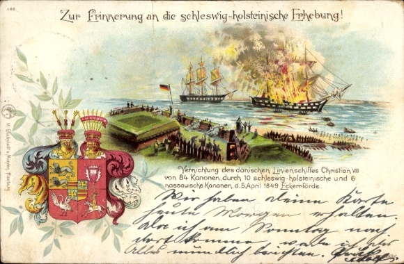Wappen Litho Eckernförde Schleswig Holstein, Vernichtung des dänischen Linienschiffes Christian VIII