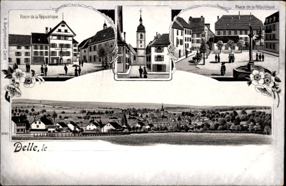 Chromo-Litho Delle Territoire de Belfort, Place de la Republique, church, panorama