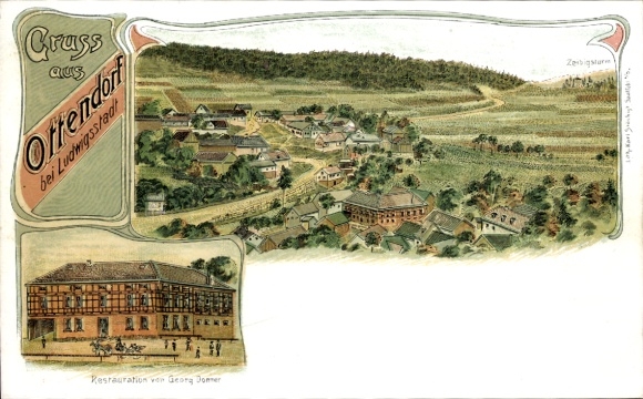 litho Ottendorf Ludwigsstadt in Opper-Franken, algemeen beeld, restauratie door Georg Donner