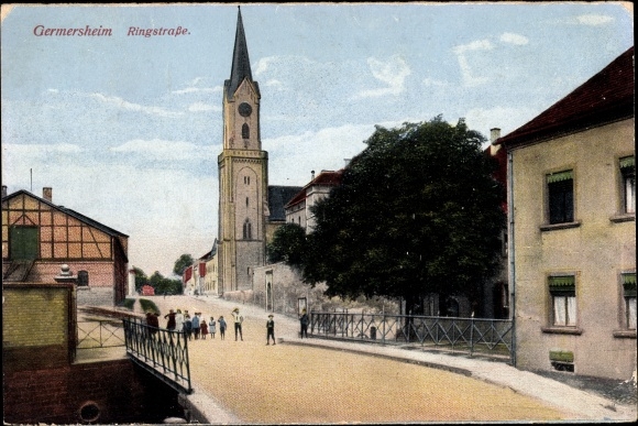 Postcard Germersheim am Rhein, lot on the ring road with church, bridge