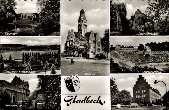 Postcard Gladbeck in the Ruhr area Westphalia, memorial, Haus Wittringen, Vestische Kampfbahn, swimming pool...