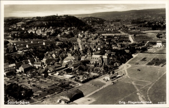 Postcard Saarbrücken ad Saar, aerial photograph of the city and surroundings