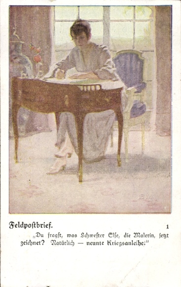 Artist Postcard field post letter, woman writing