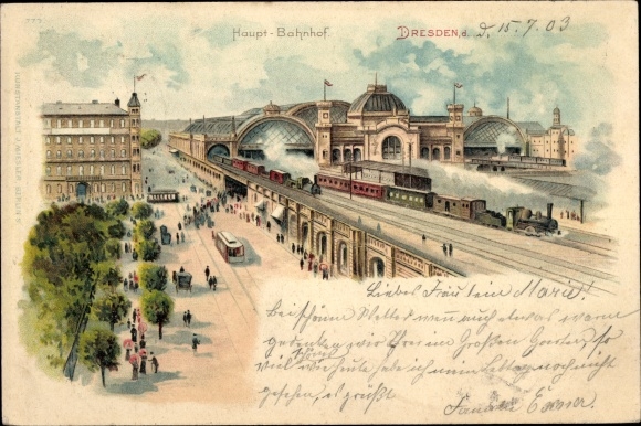 litho Dresden oude stad Seevorstadt, centraal station