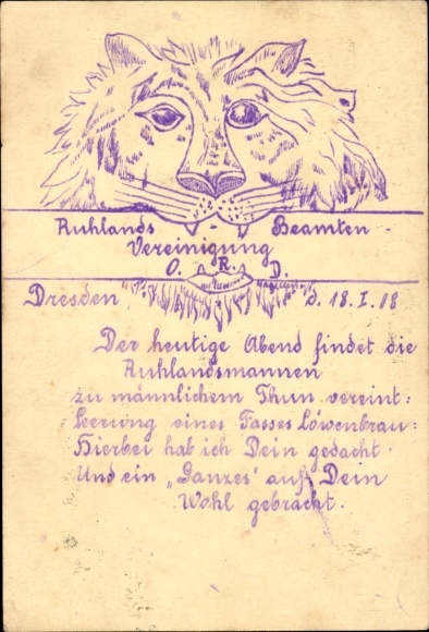 Hand-painted PC Dresden, Ruhland's civil servants' association, Löwenbräu, lion