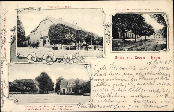 Postcard Zeven in Lower Saxony, Weidenhöfer&#39;s hotel, avenue, mill, market square, Grote&#39;s Gasthof, Lange Str.