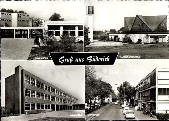 Postcard Büderich Wesel am Niederrhein, Hauptschule, Bethlehemskirche, Realschule, Dorfstrasse