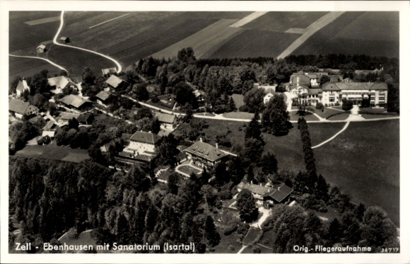 Ak Zell Ebenhausen Schäftlarn in Opper-Beieren, gedeeltelijk uitzicht met sanatorium, luchtfoto